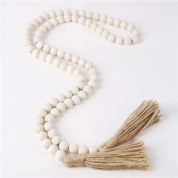 Farmhouse Beads 58in Wood Bead Garland with Tassels Rustic Country Decor - Picture 3 of 6
